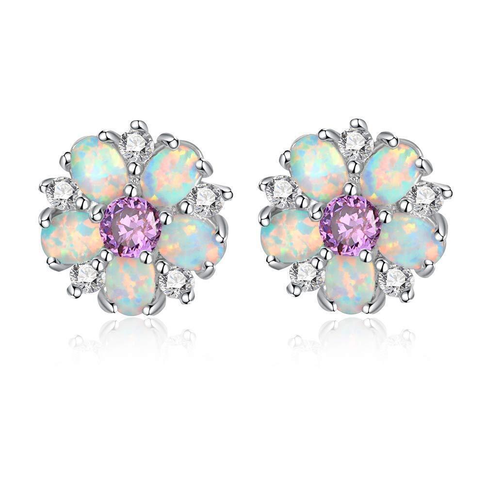 Flower Earrings, Purple Opal Stud Earrings Sterling Silver Plated Stud